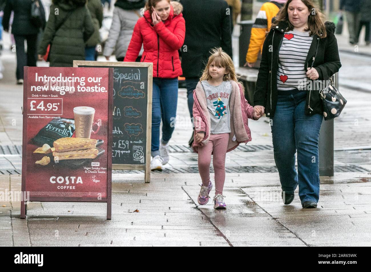 New vegan toastie sign outside Costa coffee in Preston city centre, UK Stock Photo