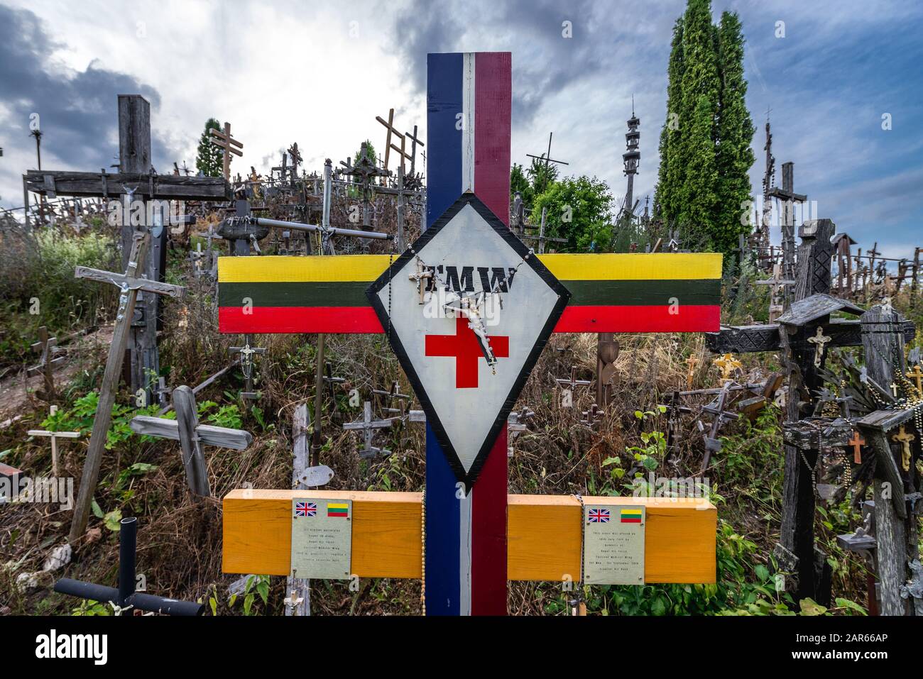 Cross lefted by Air Force members on Hill of Crosses in Lithuania Stock Photo
