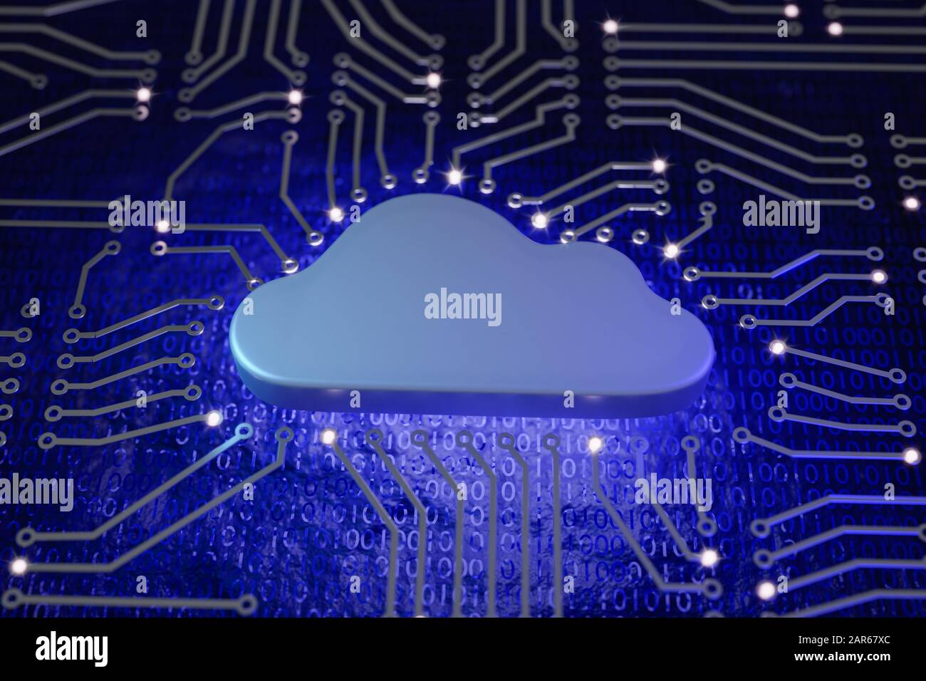 3D render: Cloud Computing Concept. A cloud shape in a circuit board design mimicking a microprocessor. 0 and 1 on the basis. Stock Photo