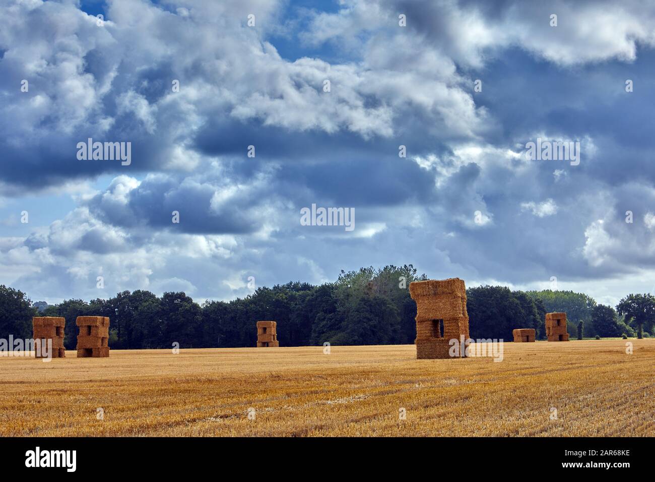 Image of a field of harvested grain with hay bales with cloudy sky ...