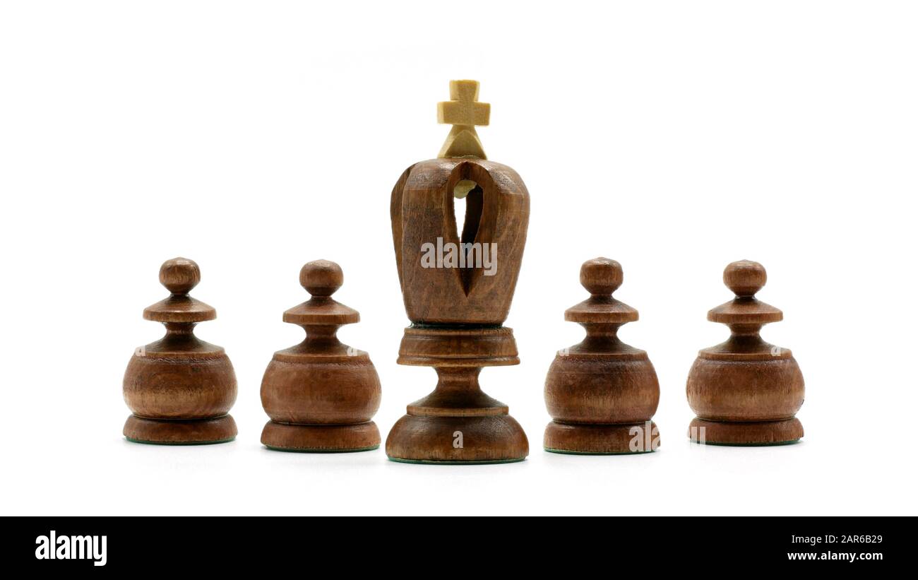 Leadership Concept: Black King Chess Piece With Four Pawns, Isolated On  White Background Stock Photo - Alamy