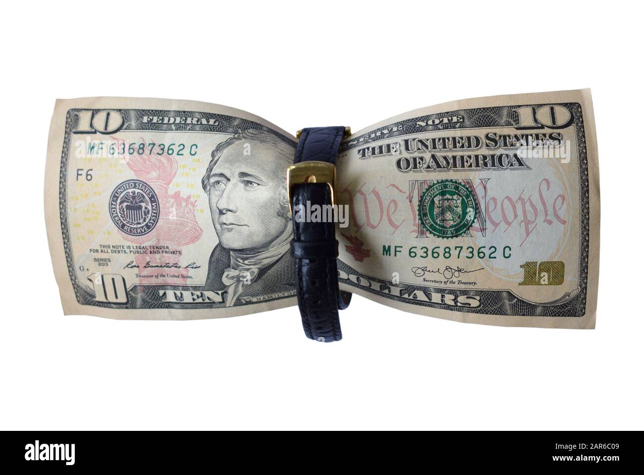 A 10 dollar bill with a black strap in the middle. Concept of saving money, budget cuts and expenses. Banknote of ten dollars on a white background, i Stock Photo
