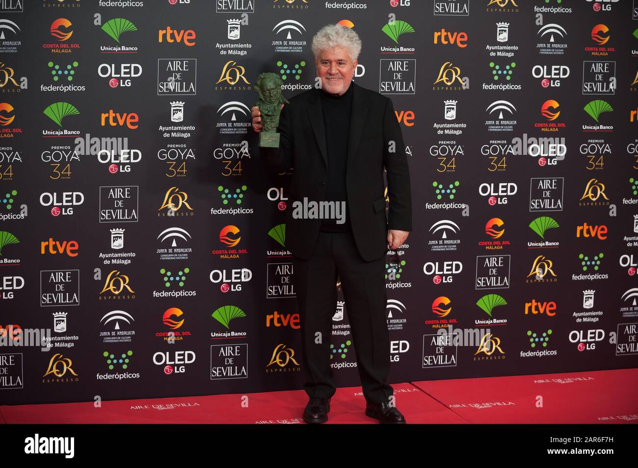 Spanish director Pedro Almodovar poses with his Goya award for the best director on 'Dolor y Gloria' (Pain and Glory) during the 34th edition of Spanish Film Academy's Goya Awards ceremony, at Jose Maria Martin Carpena Sport Palace. Stock Photo