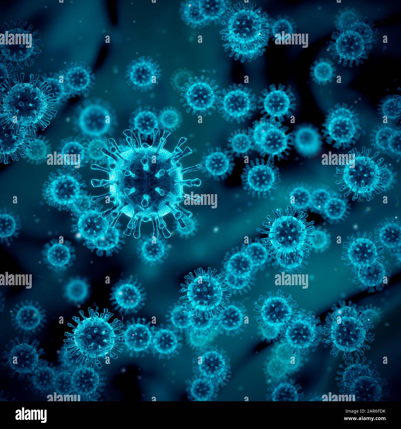 Coronavirus cells concept / 3D illustration of 2019 Novel coronaviruses showing club-shaped spikes projecting from virus cell membrane Stock Photo
