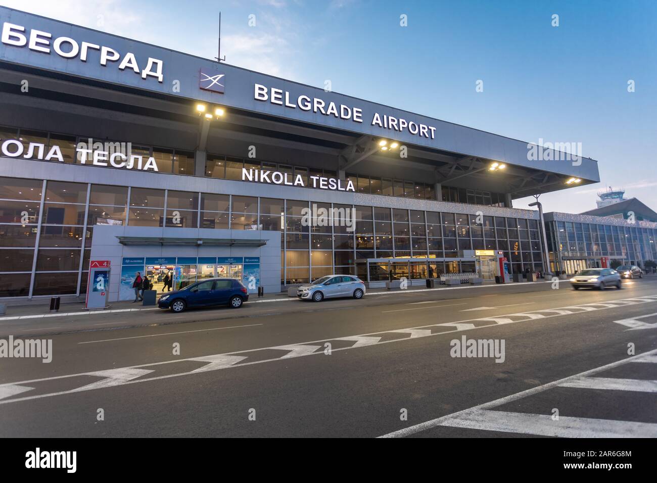 International Airport Nikola Tesla in Belgrade, Serbia, early morning sunrise, departures gate Stock Photo