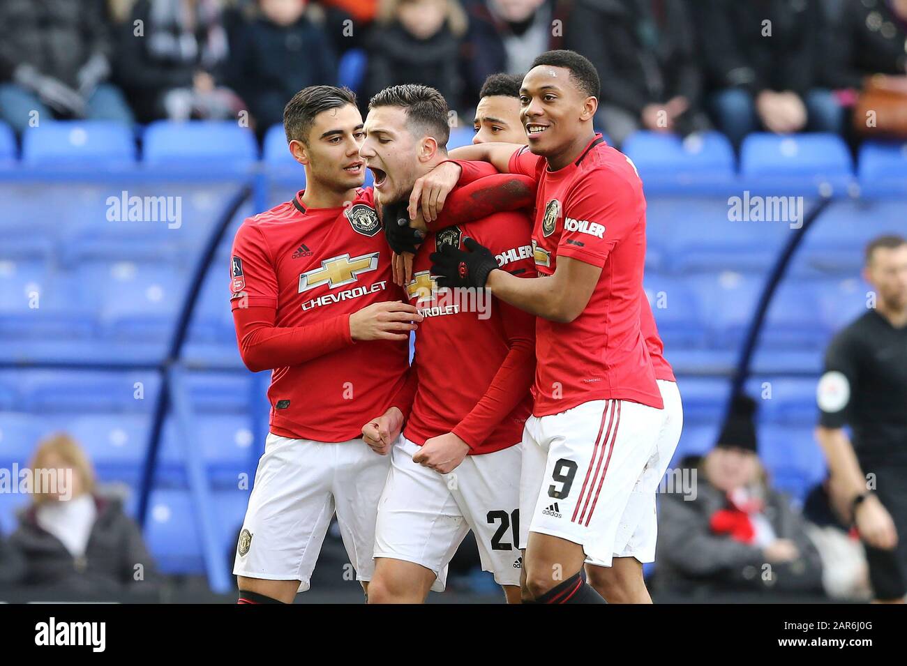 Birkenhead Uk 26th Jan 2020 Diogo Dalot Of Manchester United C Celebrates With His Teammates After Scoring His Teams 2nd Goal The Emirates Fa Cup 4th Round Match Tranmere Rovers V Manchester