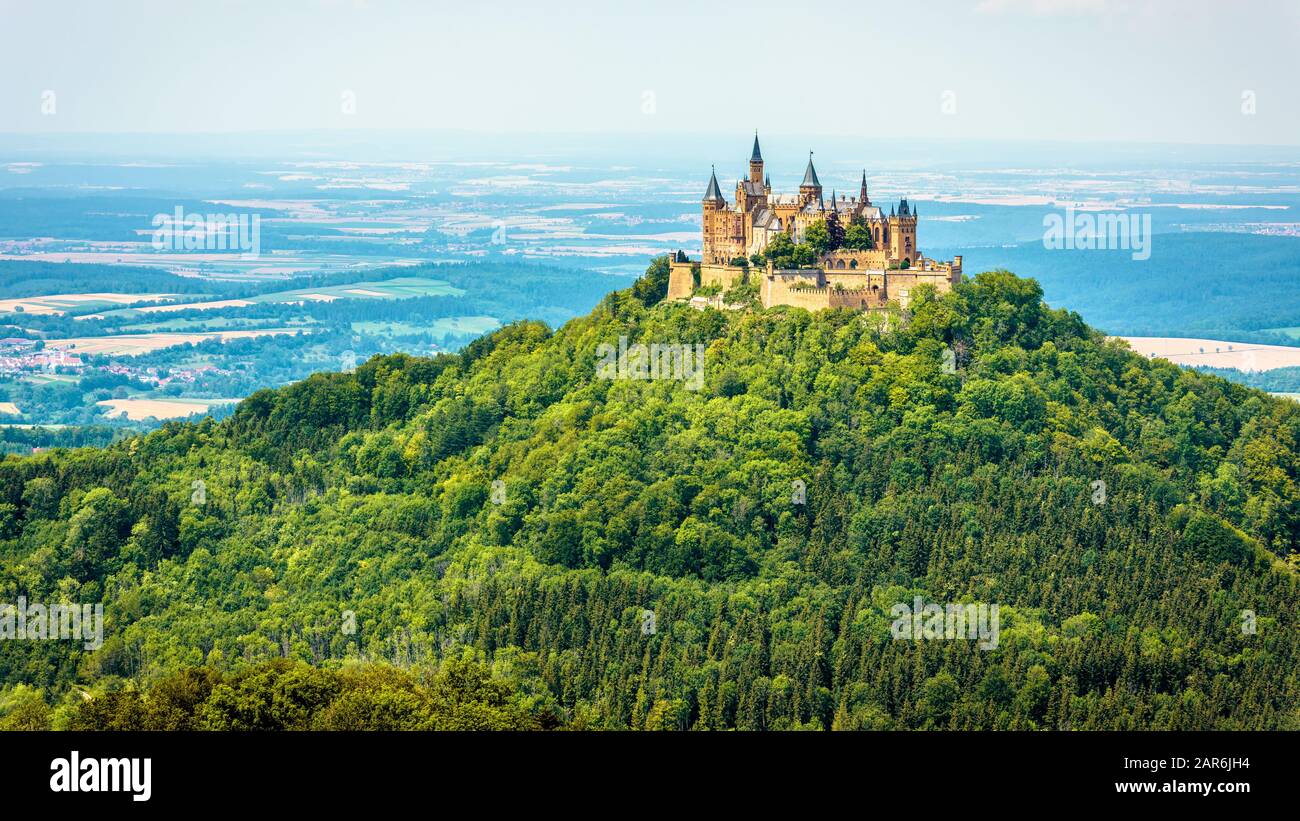 Hohenzollern Castle on mountain top, Germany. This castle is a famous landmark in vicinity of Stuttgart. Scenic panorama of Burg Hohenzollern in summe Stock Photo