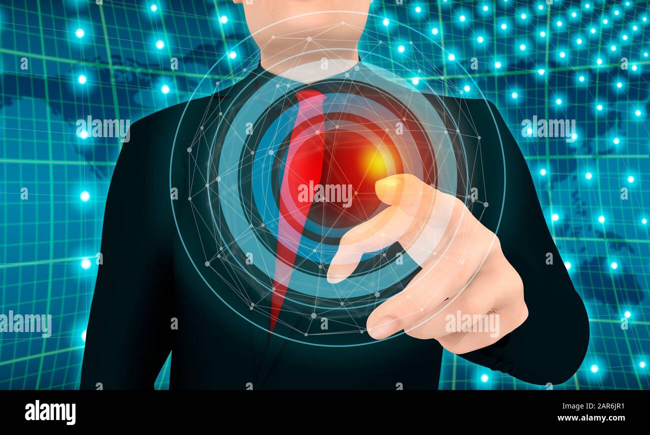 Businessman pushing button on virtual screen. 3D rendering Stock Photo