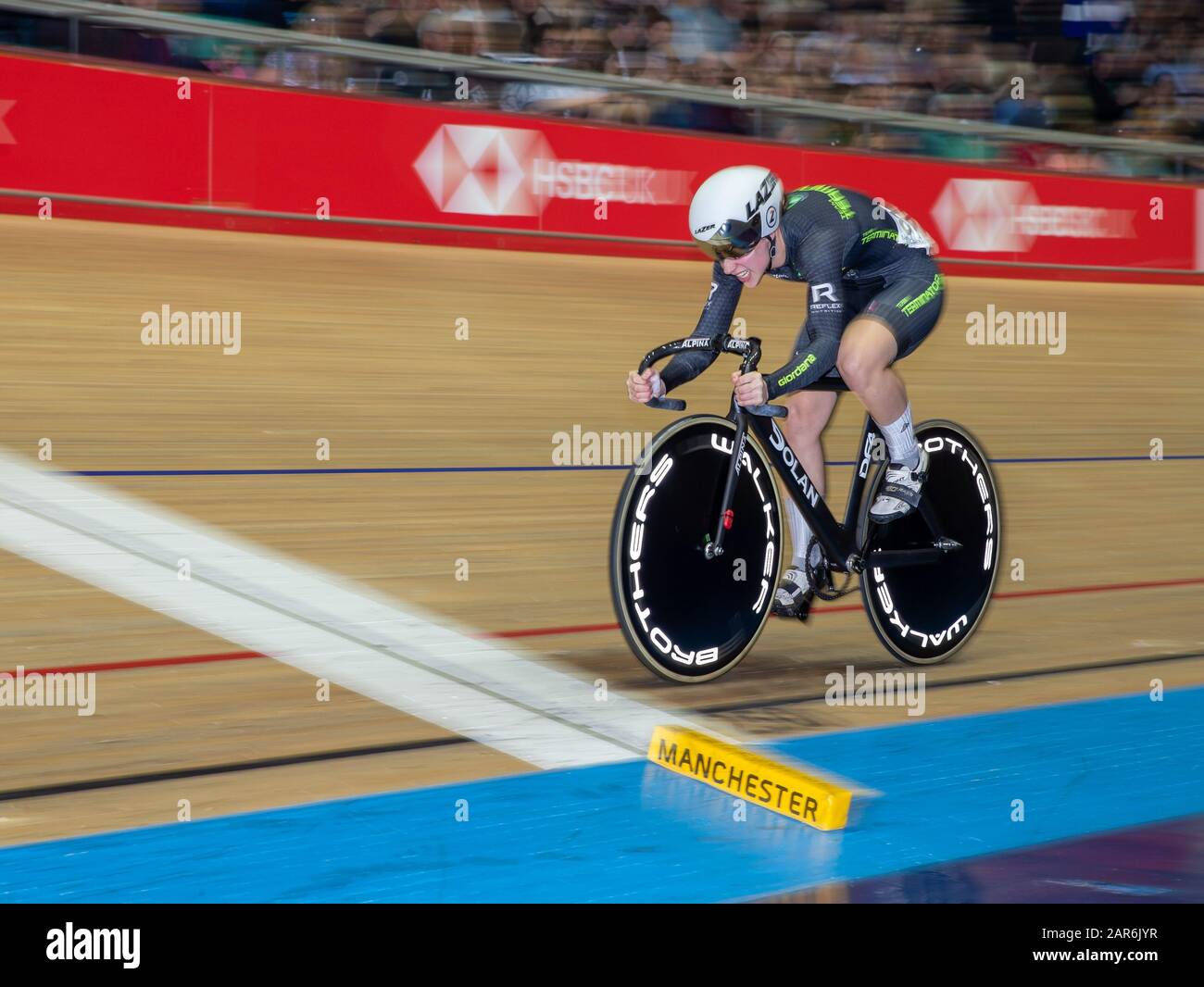 26th January 2020; National Cycling Centre, Manchester, Lancashire, England; HSBC British Cycling Track Championships; Female 500m TT final Georgia Holt - slow pan shot Stock Photo