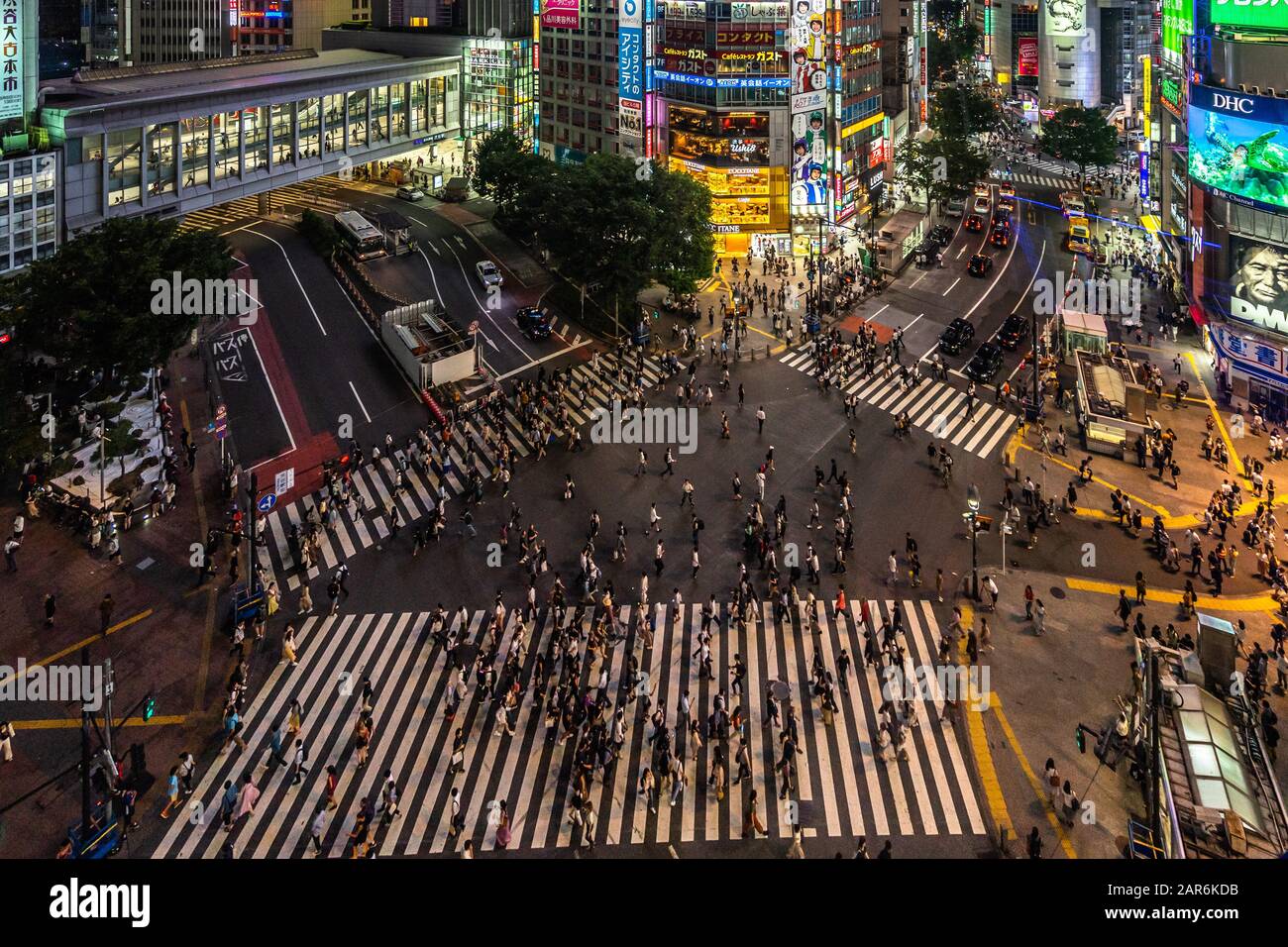 Night aerial view of Shibuya crossing, one of the most crowded crosswalks in the world. Tokyo, Japan, August 2019 Stock Photo