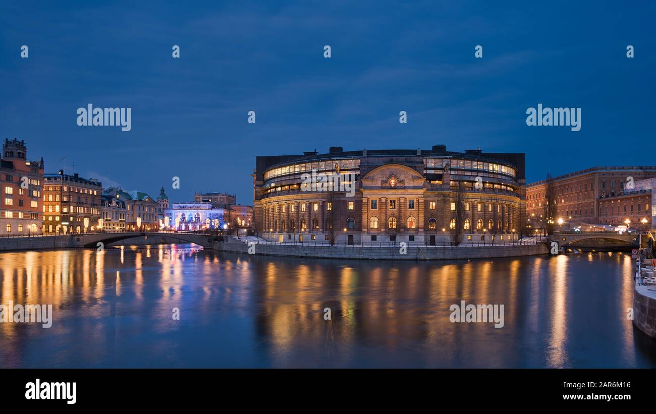 Riksdagshuset (Parliament House) in Stockholm, with Kungliga Operan in the background. Stock Photo