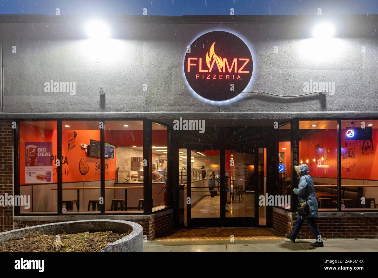 Detroit, Michigan - The Flamz Pizzeria in the city's Morningside neighborhood. The restaurant offers made to order pizzas with unlimited toppings, bak Stock Photo