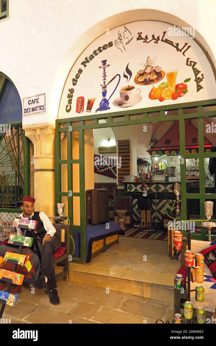 Cafe des Nattes, restaurant for smokers in Carthage Land, wich is a popular amusement park in Hammamet Stock Photo