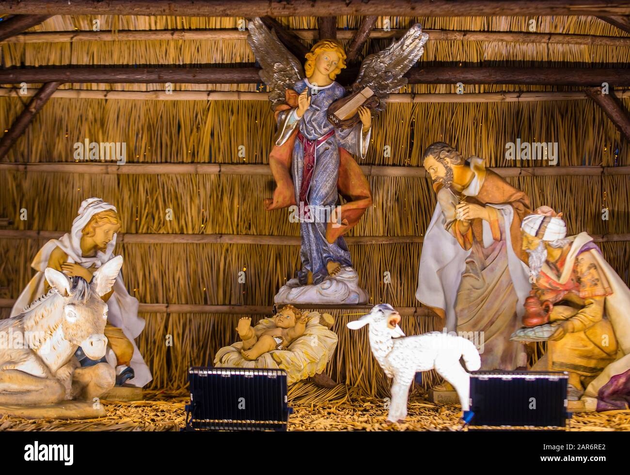 Outdoor nativity scene of lifesized figurines instalation in Macau