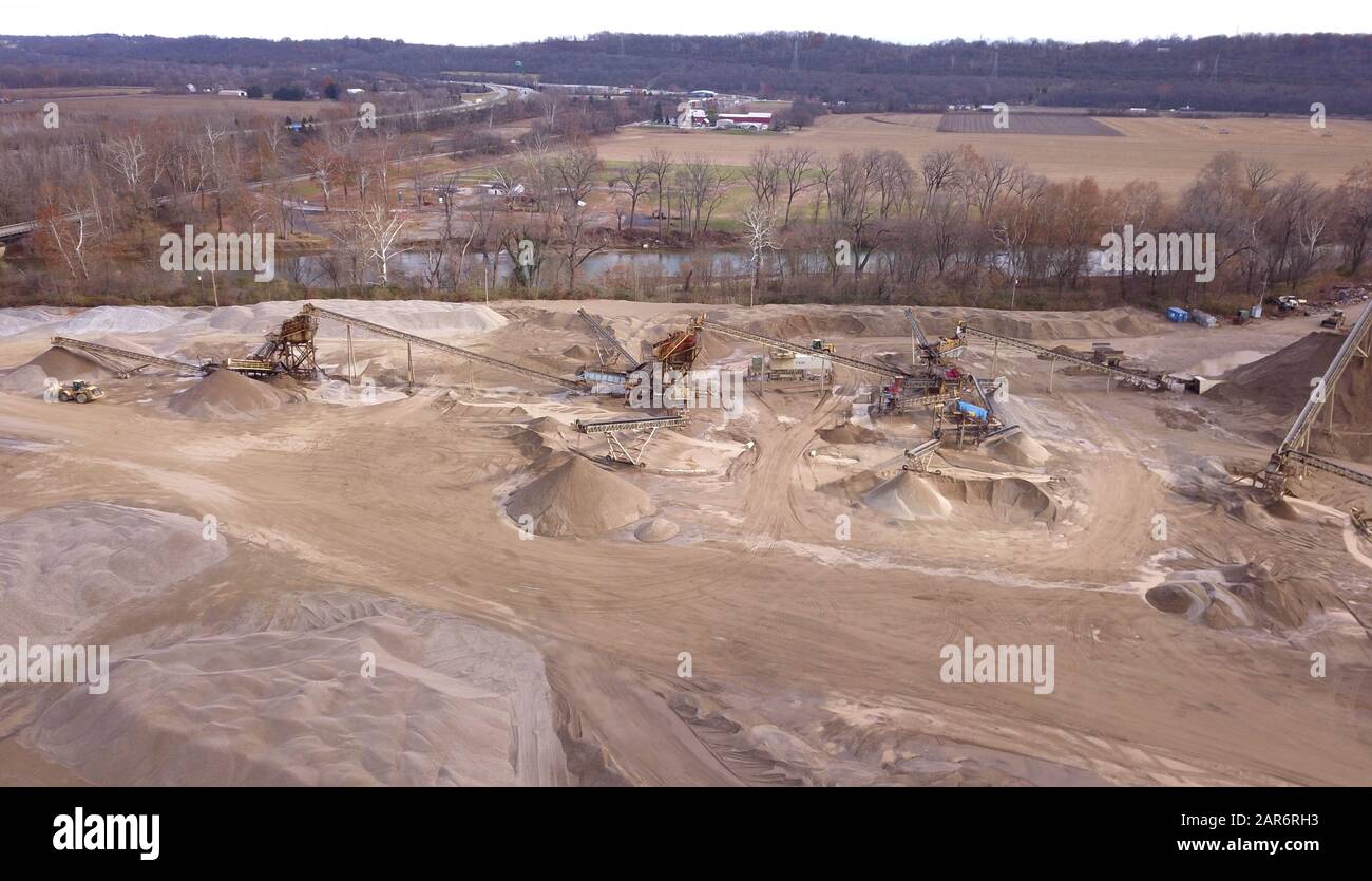Drone aerial gravel pit mining sorting glacial river gravel Ohio Stock Photo