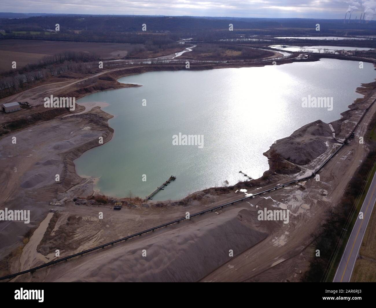 Drone aerial gravel pit mining sorting glacial river gravel Ohio Stock Photo