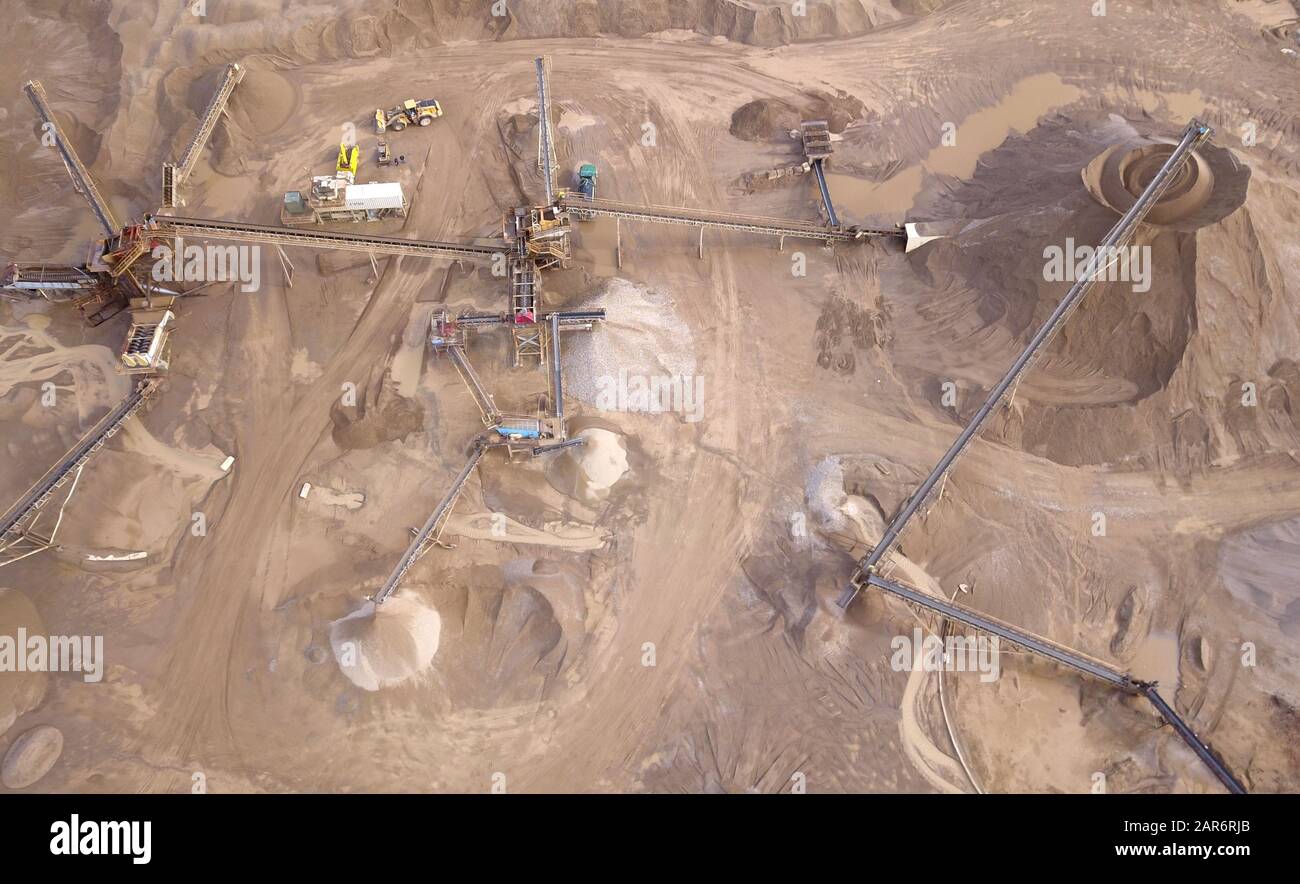 Drone aerial gravel pit mining sorting glacial river gravel Ohio Stock Photo