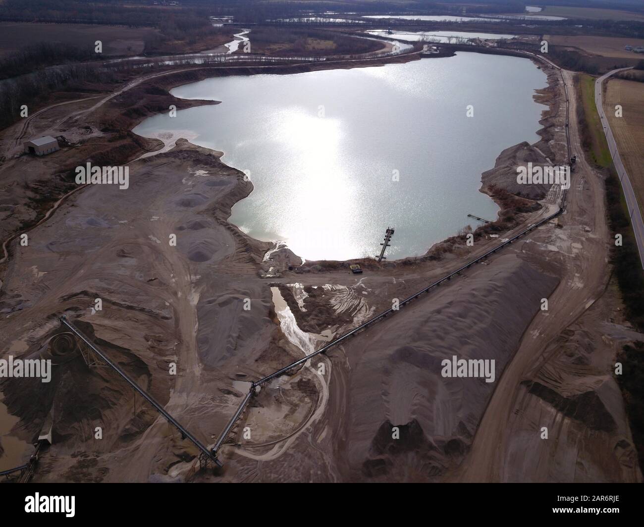 Drone aerial gravel pit mining sorting glacial river gravel Ohio Stock Photo