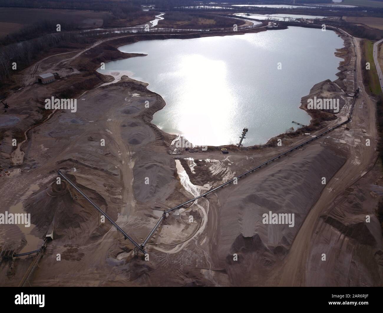 Drone aerial gravel pit mining sorting glacial river gravel Ohio Stock Photo