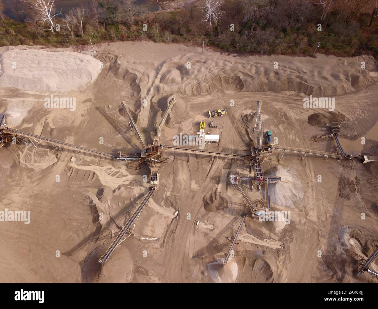 Drone aerial gravel pit mining sorting glacial river gravel Ohio Stock Photo