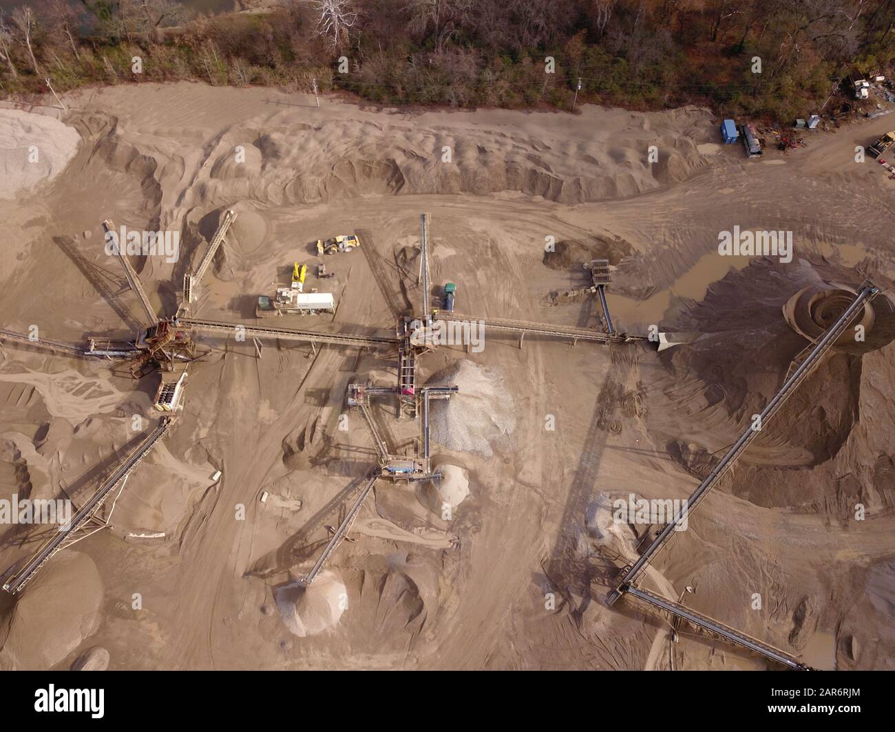Drone aerial gravel pit mining sorting glacial river gravel Ohio Stock Photo
