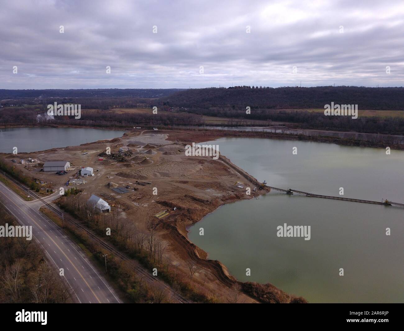 Drone aerial gravel pit mining sorting glacial river gravel Ohio Stock Photo