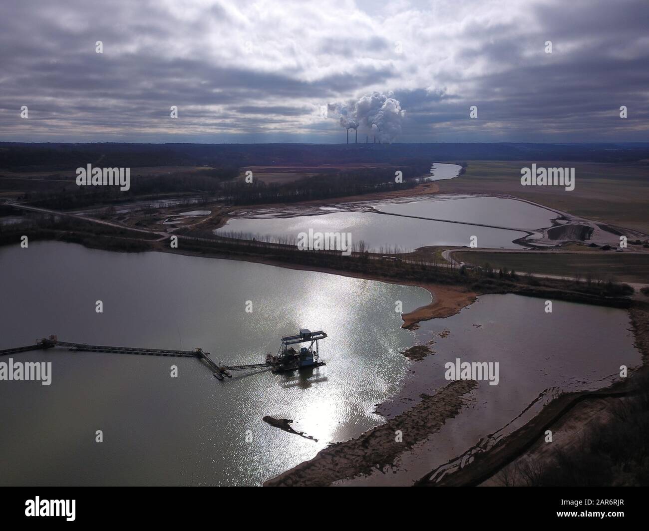 Drone aerial gravel pit mining sorting glacial river gravel Ohio Stock Photo