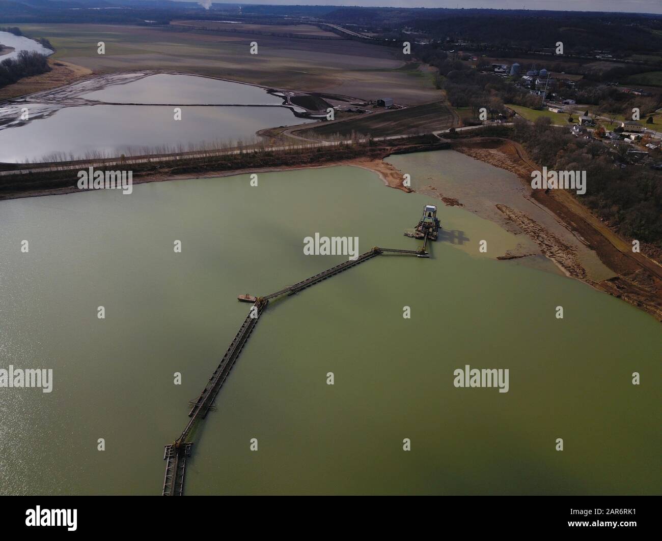 Drone aerial gravel pit mining sorting glacial river gravel Ohio Stock Photo