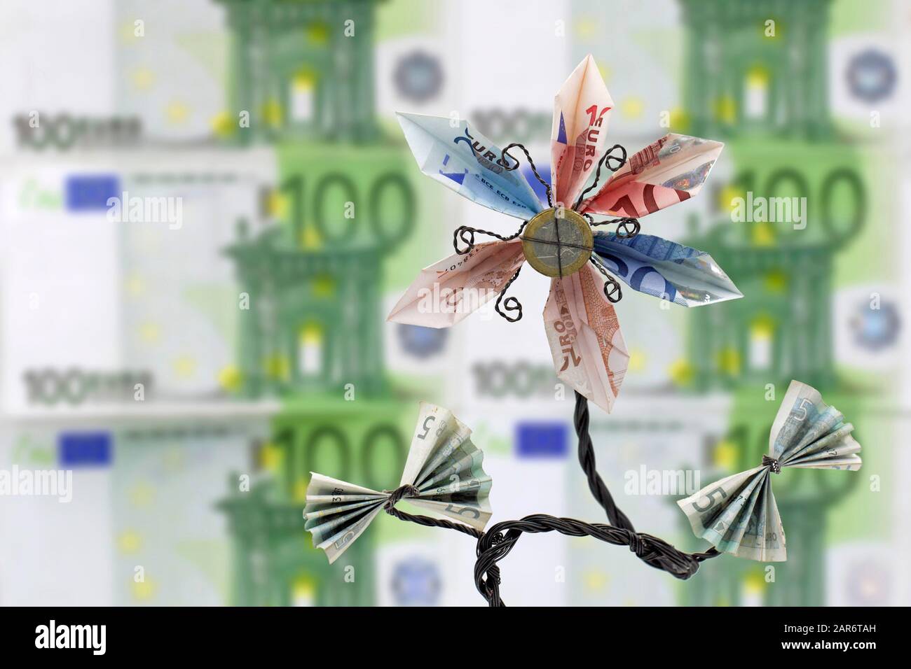 flowers origami banknotes with hundred euro background and copy space Stock Photo