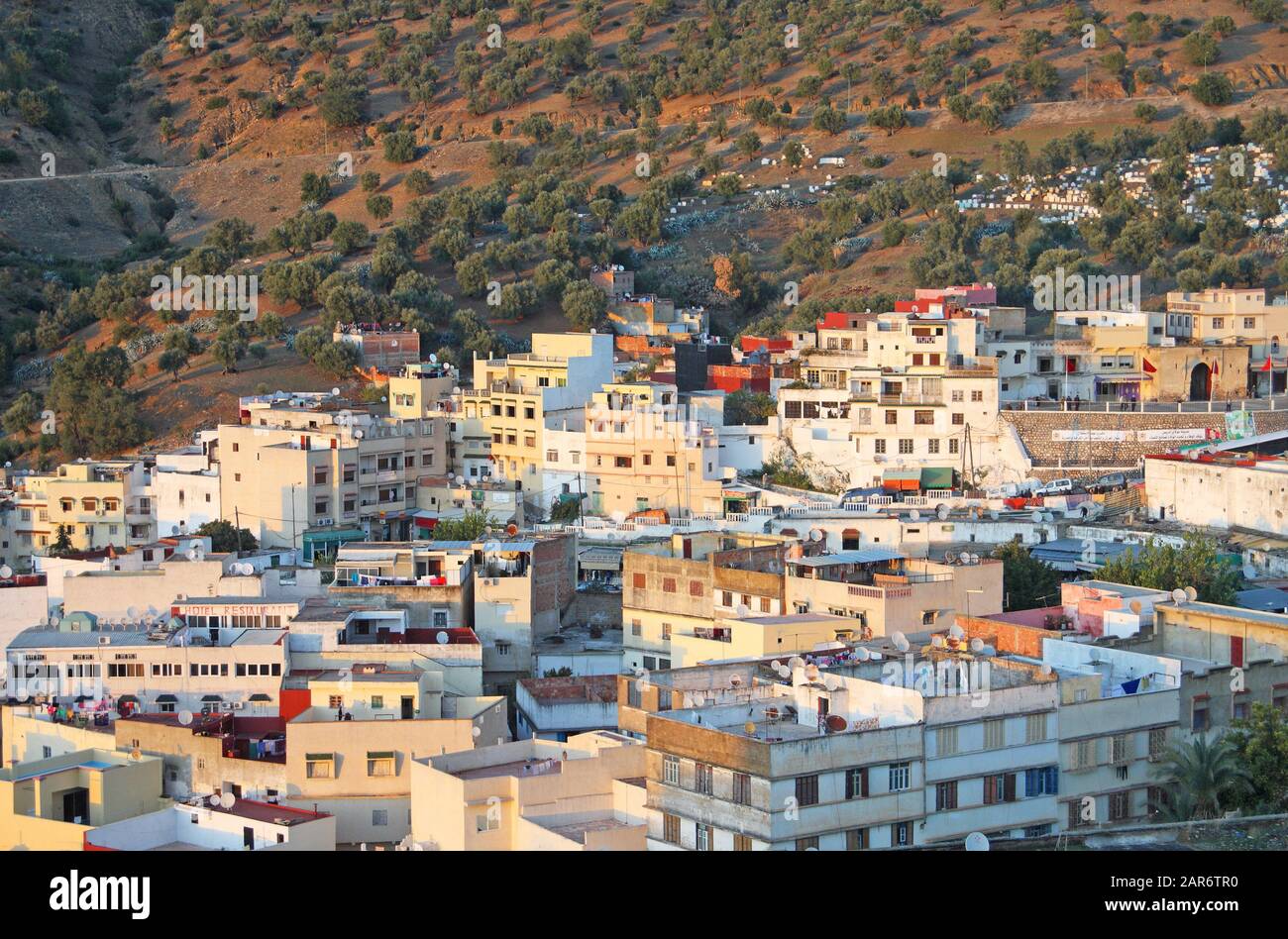 The hillside town of Moulay Idriss Zerhoun, Fes-Meknes region of northern Morocco Stock Photo