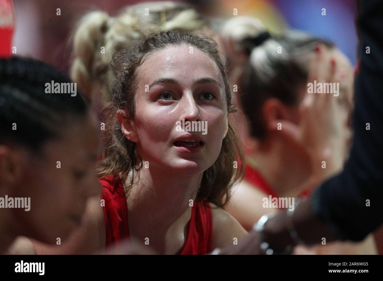 England Vitality Roses’ Amy Carter during Vitality Netball Nations Cup match at The Copper Box, London. Stock Photo