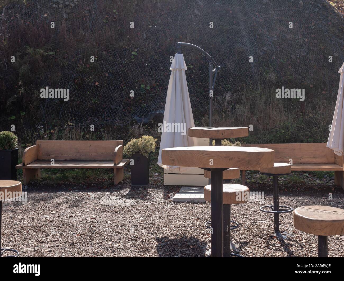 Wooden Benches And Tables Outdoors In The Afternoon In The