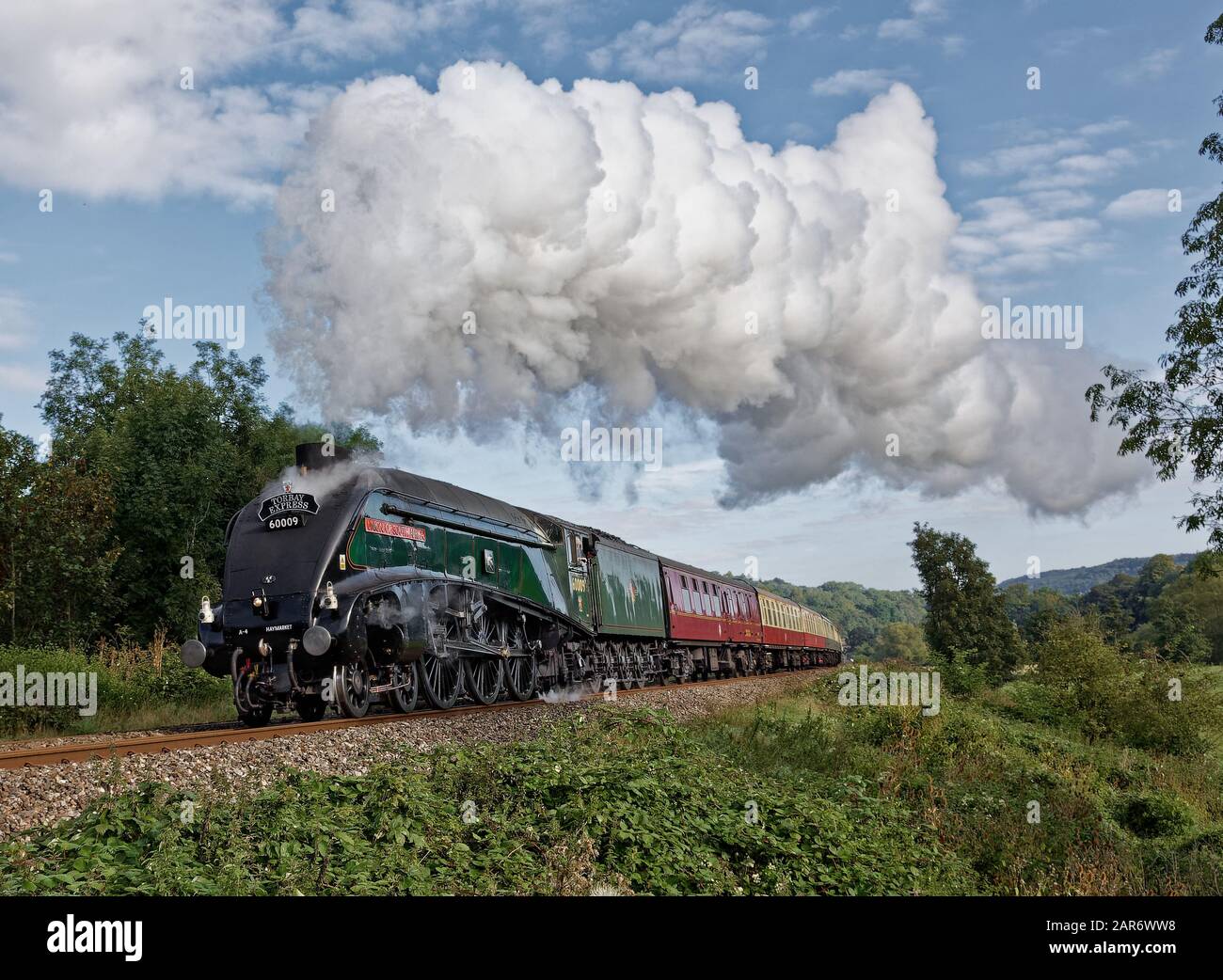 Steam train Union of South Africa pulls the Torbay Express seen here heading through the Avon Valley on a cool summers morning with a head of steam Stock Photo