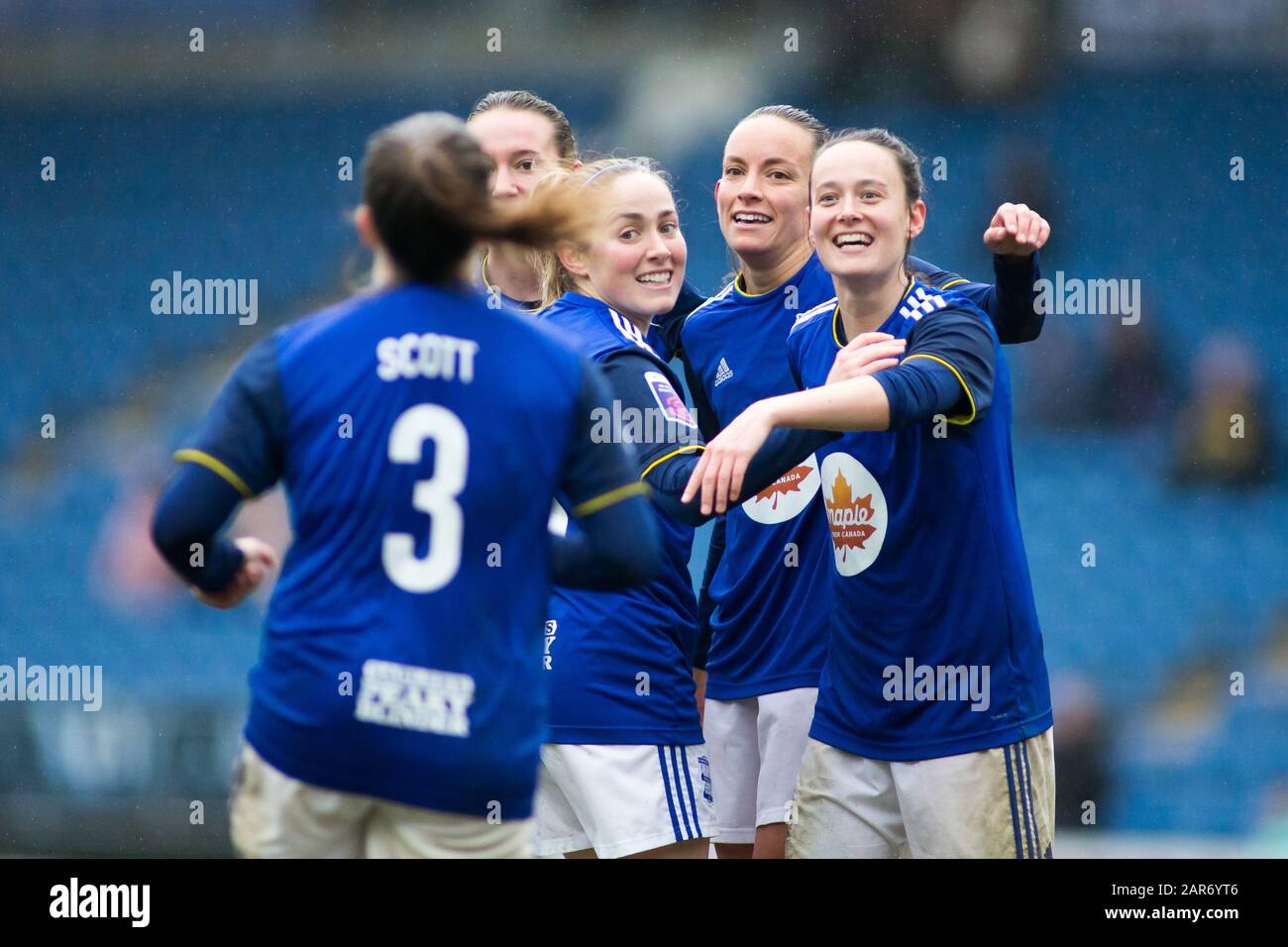 Chesterfield, UK. 26th Jan, 2020. Women's FA Cup Fourth Round: Birmingham City beat Sheffield United 3 - 0. Scorer Harriet Scott is congartulated by team-mates. Credit: Peter Lopeman/Alamy Live News Stock Photo