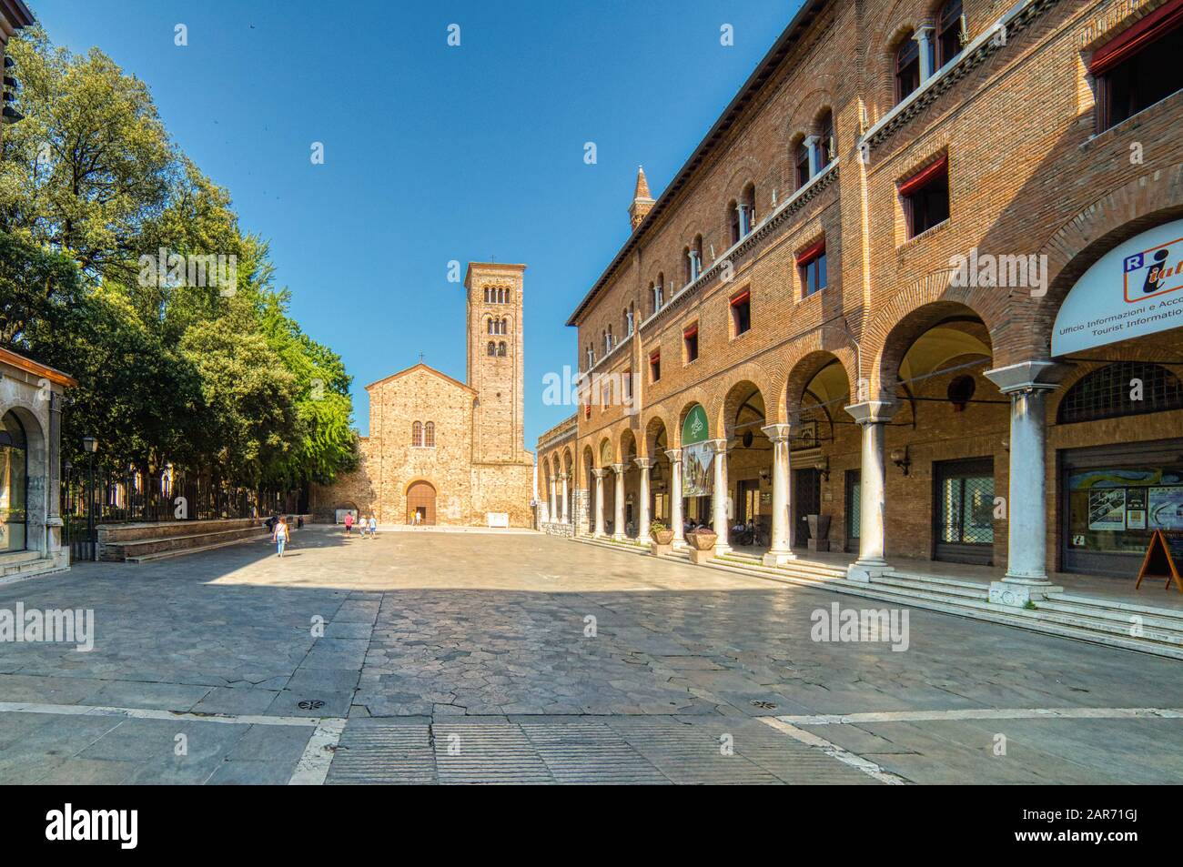 RAVENNA, ITALY - JUNE 19,2019: sunlight is enlightening the Basilica of San Francesco where the funeral of Dante Alighieri was held Stock Photo