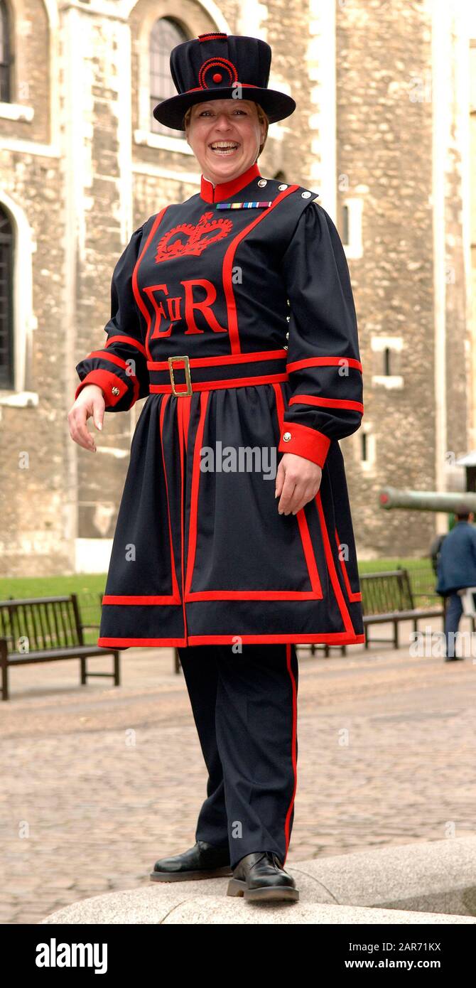 Moira Cameron In 2007, after a 22-year career in the British Army,  became one of the 35 resident Warders in the Tower of London, commonly known as the Beefeaters. Stock Photo