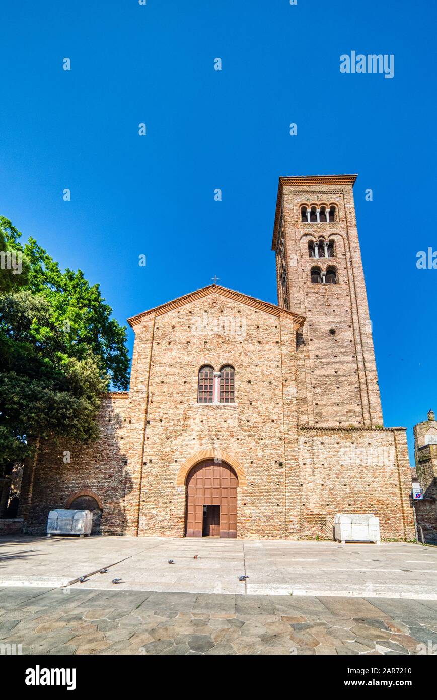 RAVENNA, ITALY - JUNE 19,2019: sunlight is enlightening the Basilica of San Francesco where the funeral of Dante Alighieri was held Stock Photo