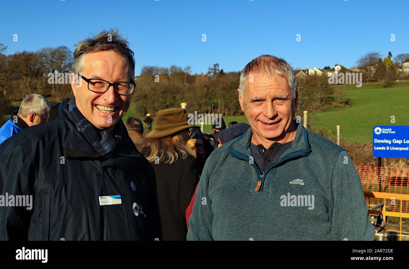 Richard Parry Chief Executive of the Canal and River Trust and Ian Clarke owner of Pennine Cruisers at Dowley gap locks open day in January 2020 Stock Photo