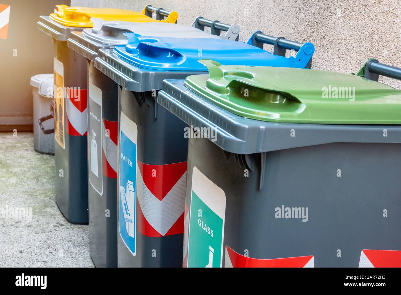 Row of recycling bins with colourful lids along the exterior back wall