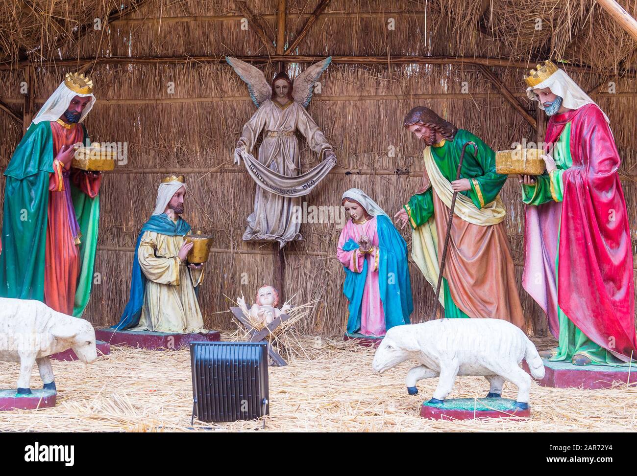 Outdoor nativity scene of lifesized figurines instalation in Macau