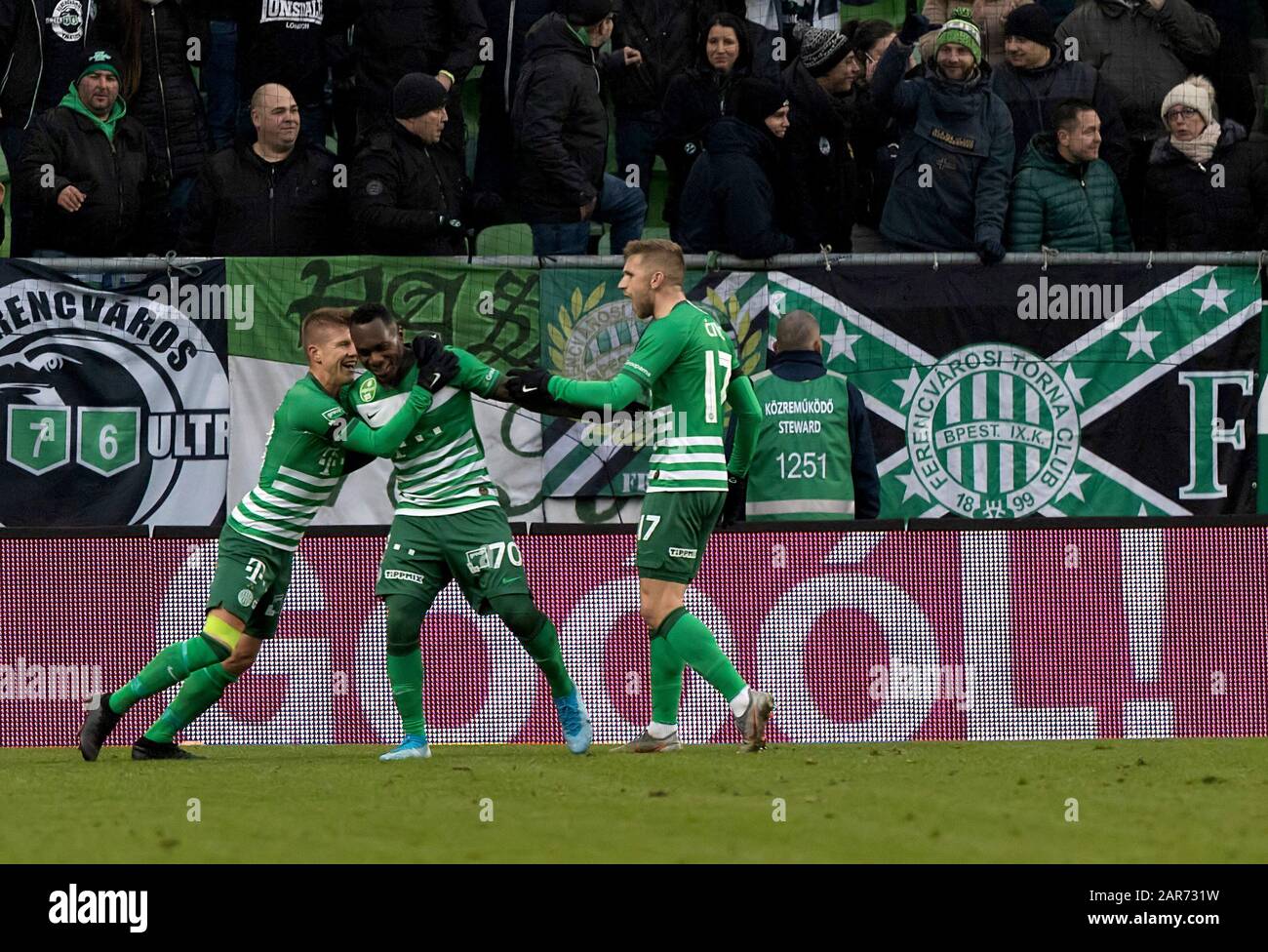 BUDAPEST, HUNGARY - APRIL 2: Krisztian Lisztes of Ferencvarosi TC (l)  celebrates after scoring a goal with Kristoffer Zachariassen of Ferencvarosi  TC (l2) during the Hungarian OTP Bank Liga match between Ferencvarosi