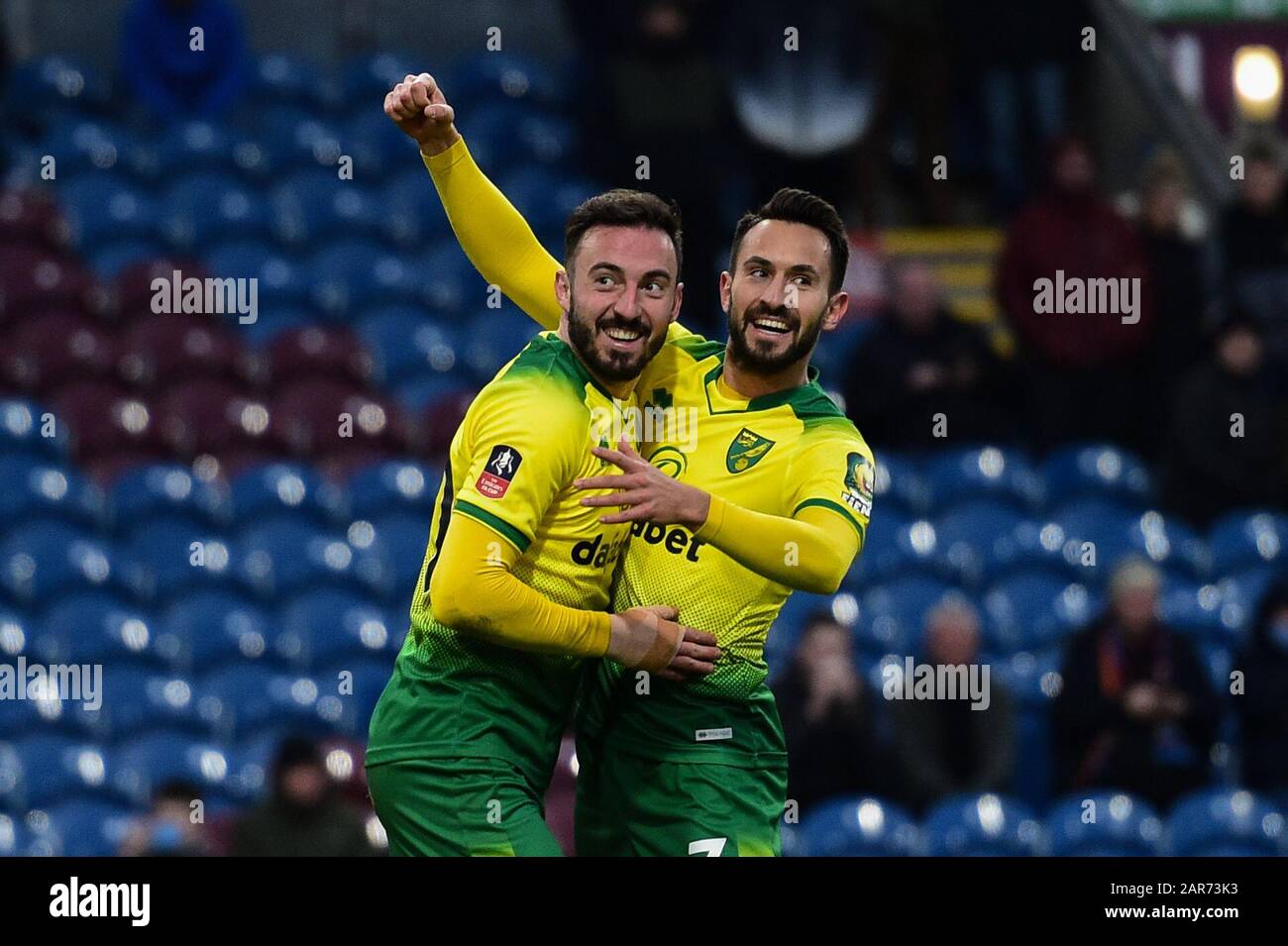 25th January 2020, Turf Moor, Burnley, England; Emirates FA Cup, Burnley v Norwich City : Josip Drmic (20) of Norwich City celebrates scoring his goal making it 0-2 with Lukas Rupp (7) of Norwich City Stock Photo