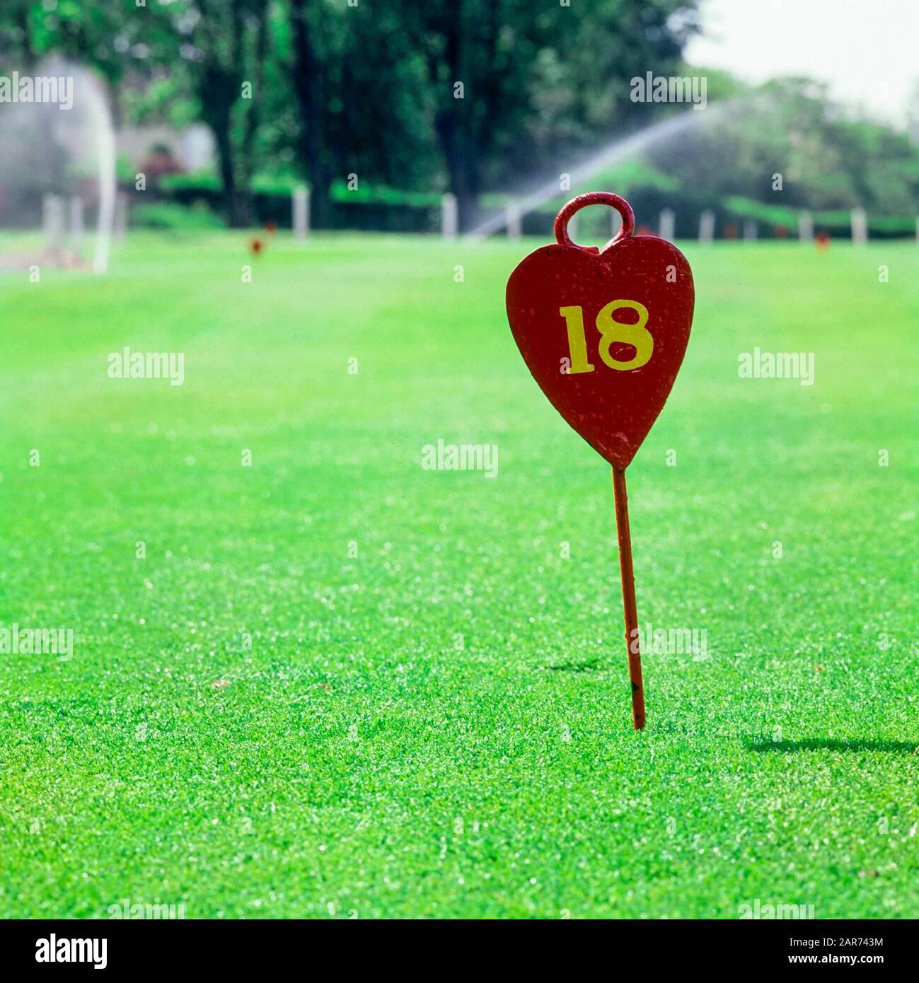 London 1970s, golf hole number 18 marker, Royal Wimbledon Golf Club course, Wimbledon, Merton borough, England, UK, GB, Great Britain, Stock Photo