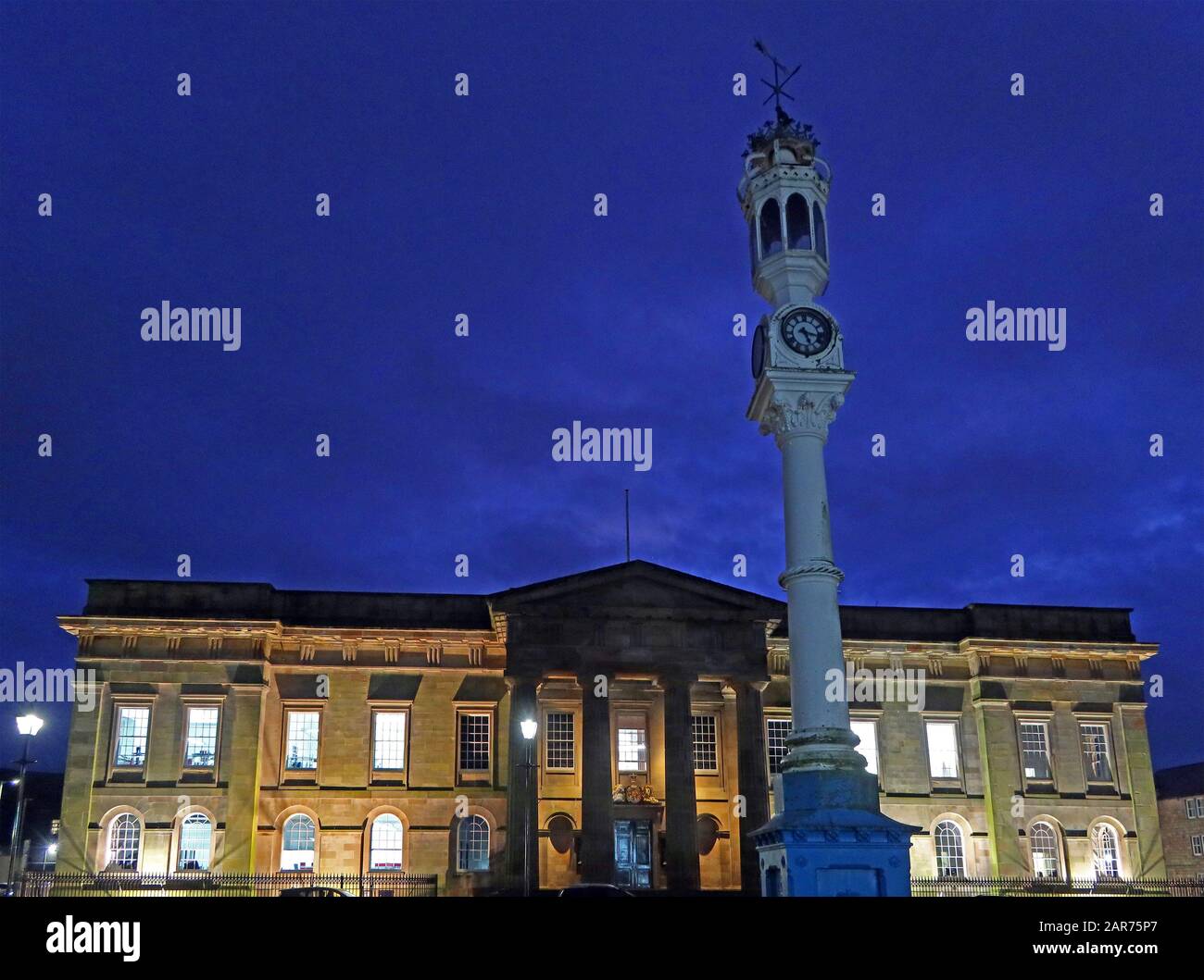 Historic port customs house and public clock tower,Custom House Quay Ferry Terminal, Greenock , Inverclyde, Scotland, UK at dusk Stock Photo