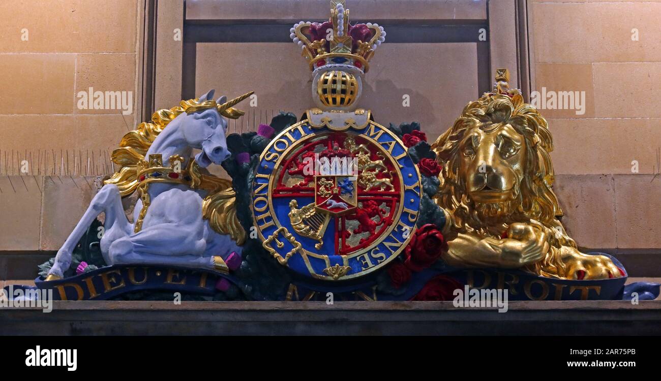 Scottish version of the royal coat of arms -Historic port customs house ,Custom House Quay Ferry Terminal, Greenock , Inverclyde, Scotland, UK at dusk Stock Photo