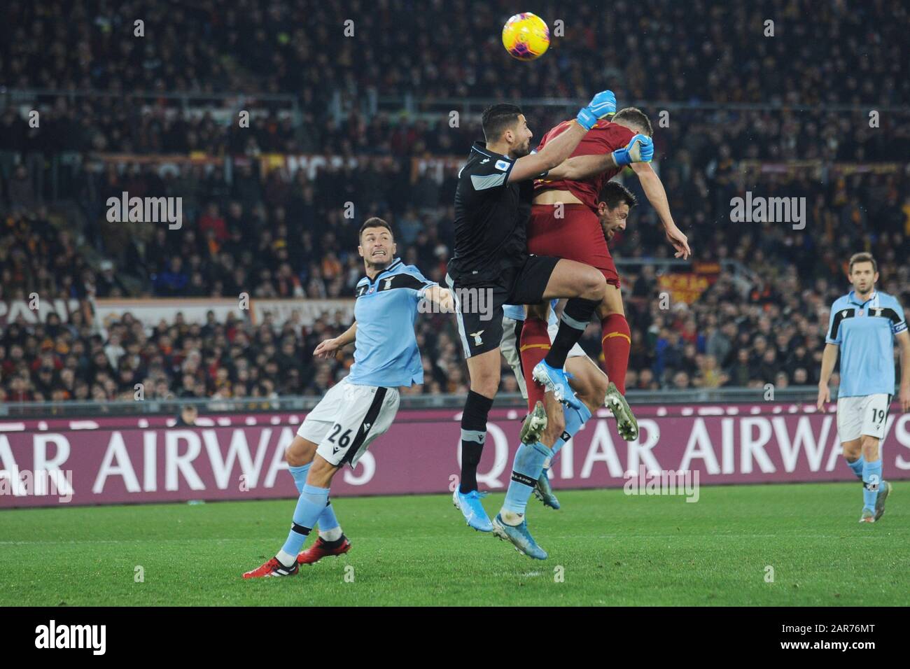 Rome, Italy. 26th Jan, 2020. goal of roma edin dzeko (roma) in anticipo on portiere during AS Roma vs SS Lazio, italian Serie A soccer match in Rome, Italy, January 26 2020 Credit: Independent Photo Agency/Alamy Live News Stock Photo