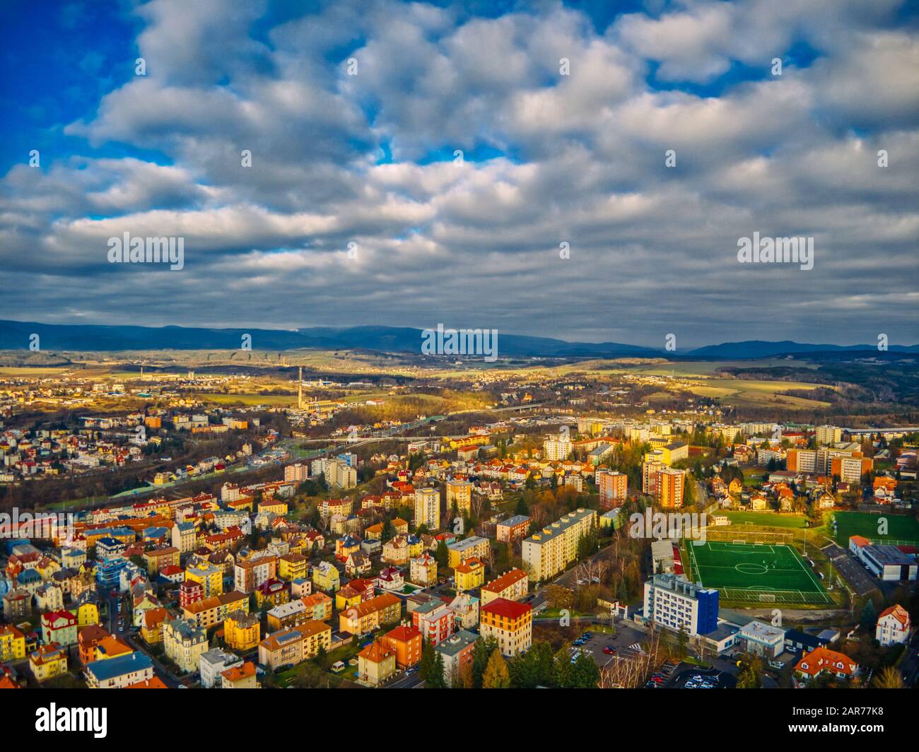 Karlovy Vary, Czech Republic January 24 of 2020 - Aerial of Karlovy Vary under beautiful sunlight cold winter clear sky Stock Photo