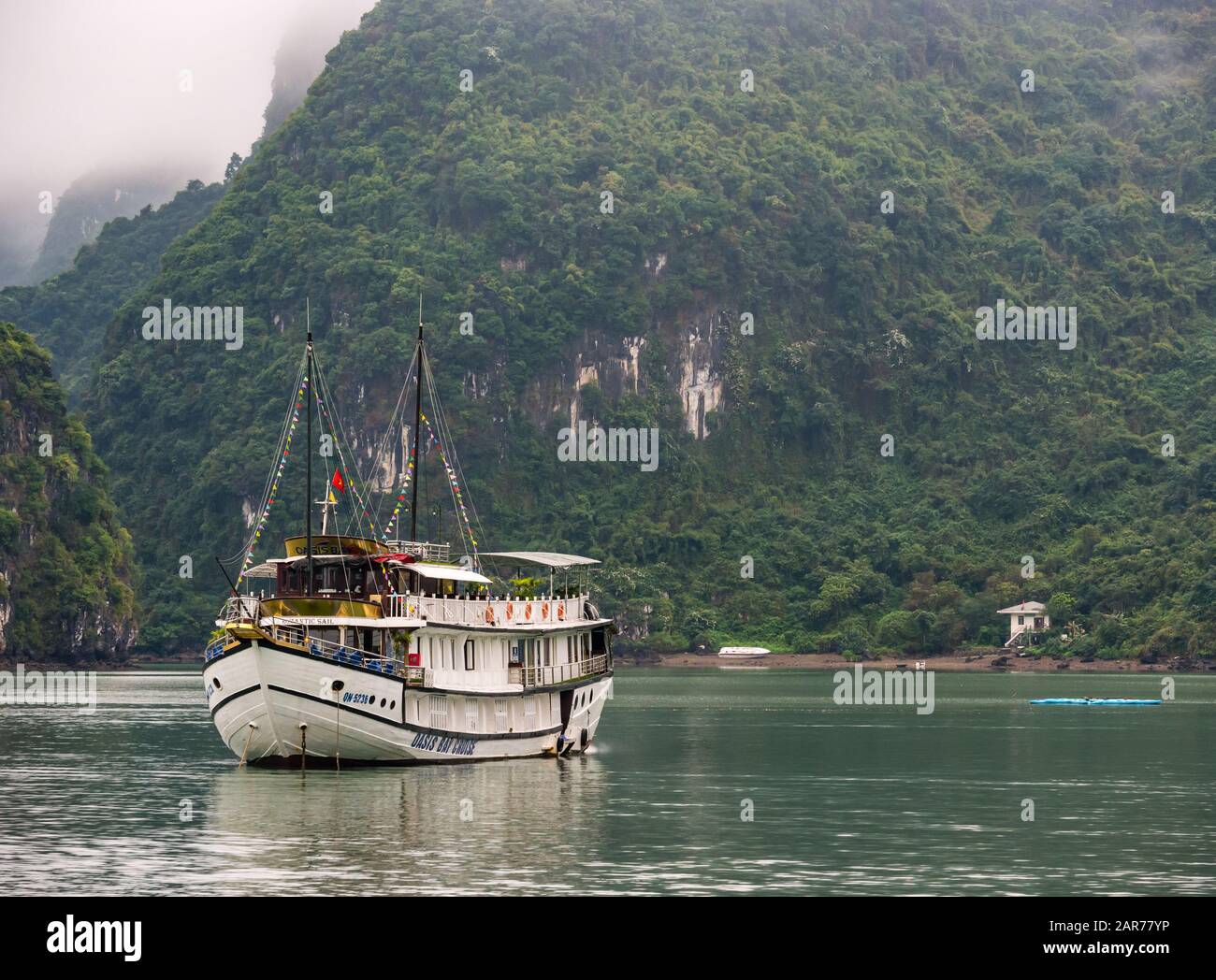 Tourist cruise ship in misty weather with limestone rock karst cliffs, Halong Bay, Vietnam, Asia Stock Photo