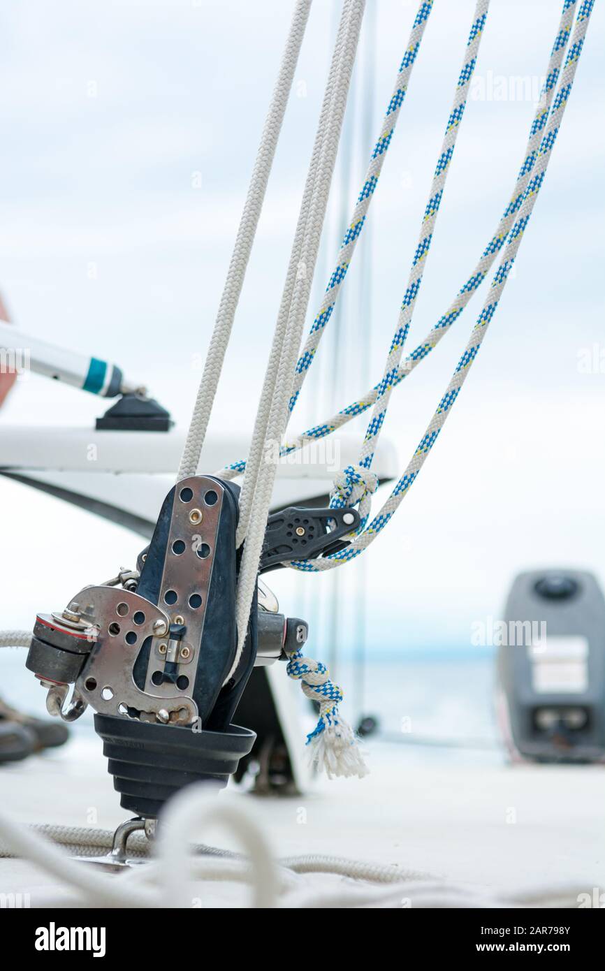 Hand winch on a sailboat while sailing. Stock Photo