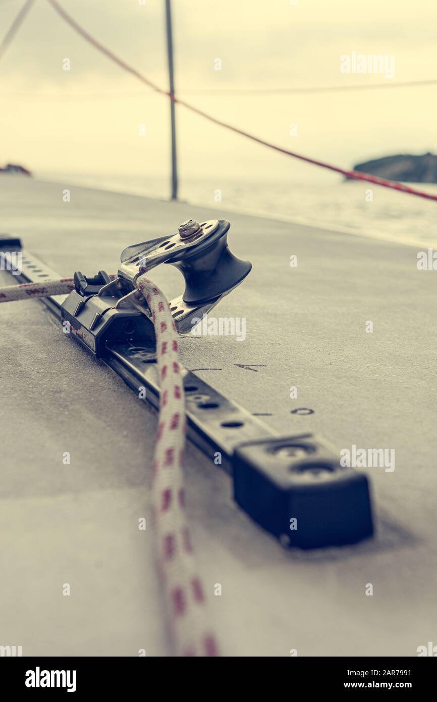 Hand winch on a sailboat while sailing. Stock Photo